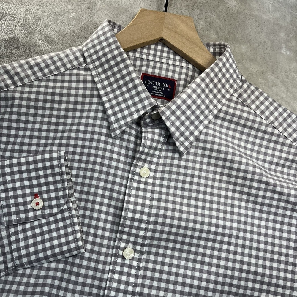 UNTUCKit New Dunn Button Down Mens M Gray Gingham Slim Fit Shirt